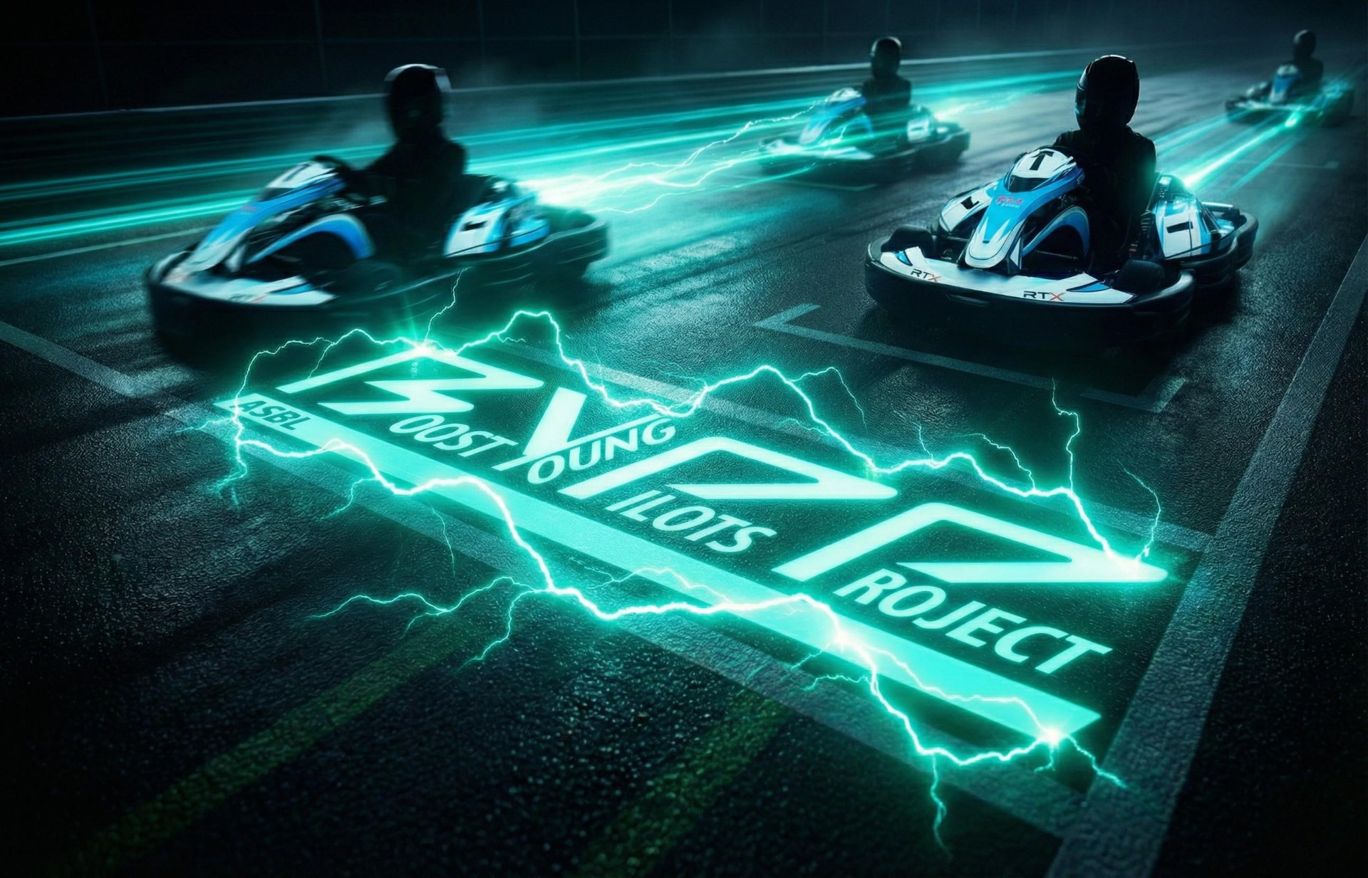 Logo BYPP illuminé en néon au sol avec des karts électriques en piste de nuit